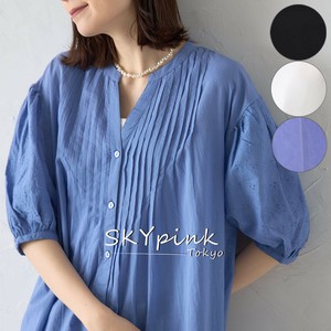 【2025SS新作】袖レース切替インド綿ピンタックシャツワンピース　SKYpink東京店
