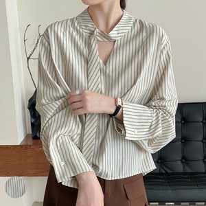 Button Shirt/Blouse Stripe V-Neck Bow Tie [S/S NEW]