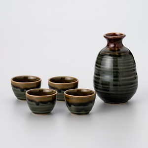 【酒器】オリーブグリーン　徳利・盃（美濃焼・日本製・陶磁器）