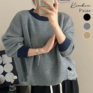 ニット《裾ダメージ配色クルーネックニット 全3色》