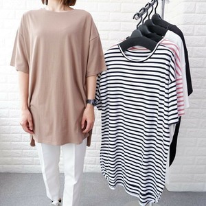 綿100％ 裾ラウンドテール サイドスリット ビッグTシャツ  5色 無地 ボーダー  Tシャツ レディース