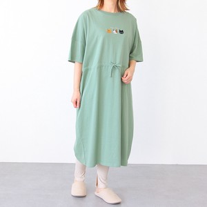 ［2025春夏新作］刺繍　ドローコードワンピース　半袖　綿100％　ルームウェア　ネコ　レッサーパンダ