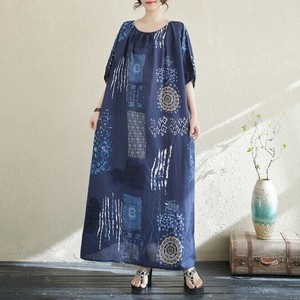 Casual Dress Ladies fashion Round Neck Floral Pattern Summer Linen Short Sleeve Cotton