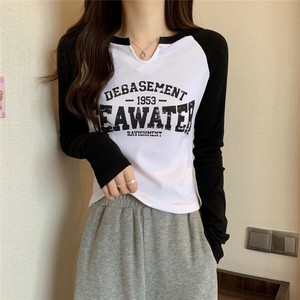 【SALE!!!】スリットネック　バイカラーラグランロングスリーブティーシャツ/ロゴ