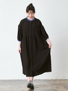 【予約販売】配色バルーン袖ワンピース　綿麻ジャガード3色M L LL 3L 《大きいサイズ》【5月入荷予定】