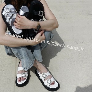 【即納】2025新作夏サンダル★ビジューバックル付厚底サンダル　スリッパ　美脚