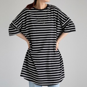綿素材ボーダー柄 6分袖ワイドチュニック丈Tシャツ  SS【2025新作】