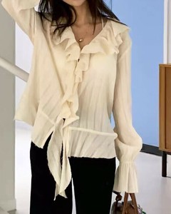 Button Shirt/Blouse Frilled Blouse V-Neck