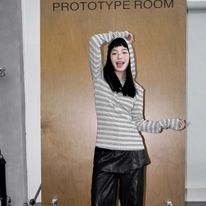 u26761 レディース 韓国風 Tシャツ トップス ストライプ 2025春新作  カジュアル 長袖 連帽