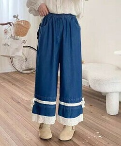 【aimoha】レース付きデニムワイドパンツ レディース ワイド 春 夏 レース ウエストゴム