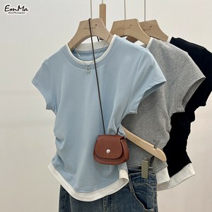 フェイクツーピーススリム半袖Tシャツ ショート丈 サイドギャザー 夏 【2025新作】EH1709