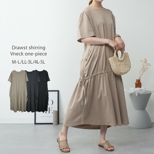 Casual Dress Ladies fashion V-Neck Short Sleeve Shirring S/S