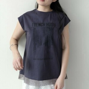 HUSUプリント配色メッシュトップス