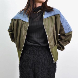 【即納】デニム切替ギャザーブルゾン（カーキ　ブラック）異素材　ドッキング　ノーカラー