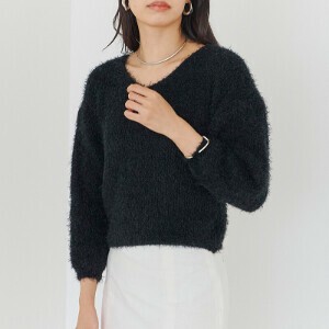 [SD Gathering] Sweater/Knitwear Shaggy Cropped Knit Pullover V-Neck Feather Short Length