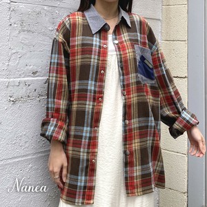 Button Shirt/Blouse Check Pattern Large Silhouette Unisex Switching