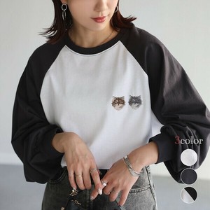 T-shirt Long T-shirt Cat Cat Embroidery