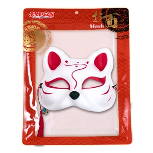 和風お面 ねこ半面 白赤筆