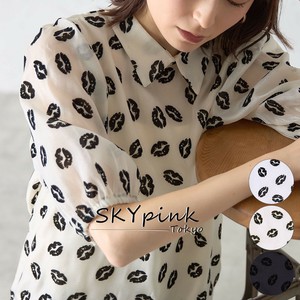 【2025SS新作入荷】リップマークフロッキープリント5分袖ブラウス　シャツ　 skypink東京