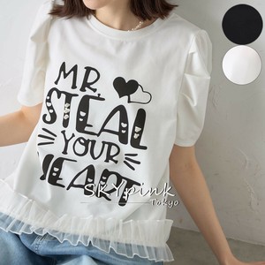 【2025SS新作入荷】英字プリント裾レースデザインTシャツ　 skypink東京 　2025新作