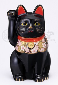★幸福を招く★　楽しくお目出度い「縁起の置物」【桜づくし　招き猫(黒･大)】