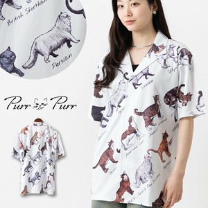 Button Shirt/Blouse Patterned Cat Short Sleeve Shirt Cat Motif