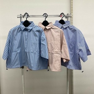 5分袖ブロードシャツ 襟付 ストライプ柄 シャツ　半袖　ブラウス　シャツ