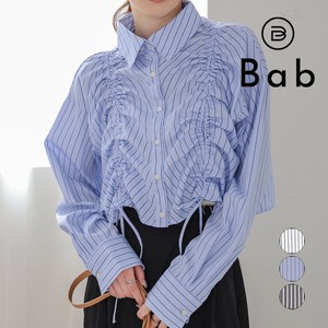 【2025新作】再入荷：ストライプシャーリングブラウス◇裾のリボンを絞ればスリットのようなシルエット