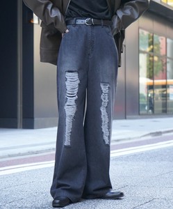ヴィンテージメイク ダメージ加工 ケミカルウォッシュ ワイドストレートデニムパンツ