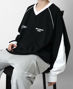 Y2K ユニフォームライク ワンポイントロゴ パイピングライン ドローコード プルオーバースウェット