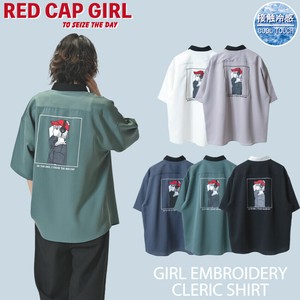 【25SS新作】RED CAP GIRL 接触冷感ナチュラルストレッチポリエステル バック刺繍 クレリック 半袖シャツ