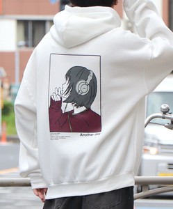イラストバックプリント / ワンポイント刺繍 ビッグシルエット プルオーバーパーカー フーディー