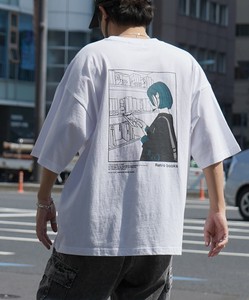 ガールイラストバックプリント / ワンポイント刺繍 ビッグシルエットTシャツ カットソー