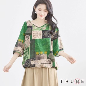 【2025新作】【M〜L】リーフデザインコットンVネックドロストブラウス(N13-075)(1号店）FM1