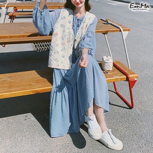 【2025新作】花柄ニットベスト ブルーワンピース ツーピース ロング丈 長袖 カジュアル 春 秋