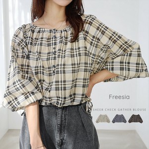Button Shirt/Blouse Check Off-The-Shoulder Sheer