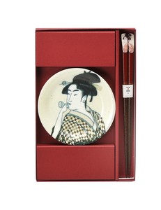 浮世絵器行　歌麿美人画　小皿箸揃【日本製　美濃焼】（インバウンド　喜多川歌麿）