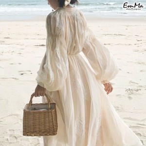 【2025新作】刺繍ボリュームスリーブワンピース ロング丈 長袖 カジュアル 春 秋