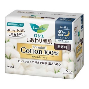 【医薬部外品】ロリエ　しあわせ素肌　Botanical　Cotton100％　多い夜用30cm　羽つ