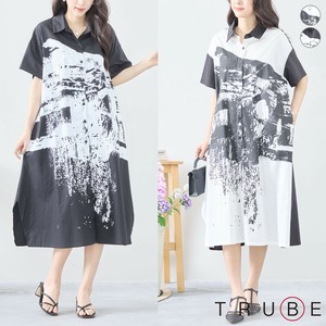 【L〜LL】モノクロペイント柄シャツワンピース(C38-1176)（7号店）FM7