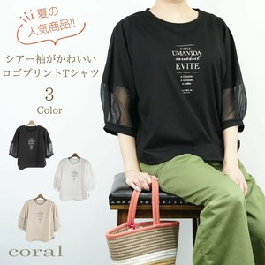 【2025夏新作】(8カラー6月中旬入荷)接触冷感 シアー袖がポイント ロゴプリント カットソー Tシャツ
