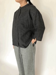 Button Shirt/Blouse Yarn-dyed Checked Pattern Band Collar Blouse 7/10 length