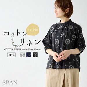 【インド綿】コットンリネンレディース トップス 花柄 刺繍風 プリントシャツブラウス 涼しい
