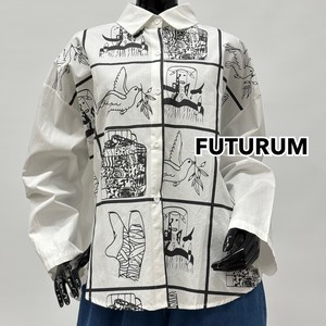 【2025春夏】鳥・バレリーナシューズ・アートプリント 長袖コットンシャツ　FUTURUM