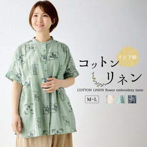 【インド綿】コットンリネン レディース トップス ボタニカル柄 刺繍風 プリントシャツ チュニック 涼しい