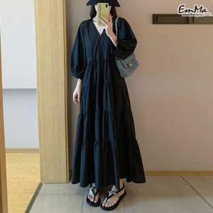 ティアードワンピース ブラック Vネック ロング丈 体型カバー 薄手 夏  大きいサイズ  【2025SS】OEH4367