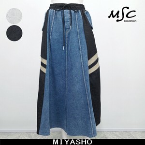 スカート　デニム　サイドレース　ワッシャー2本ライン　ポケット付き　ウエストゴム