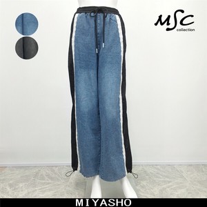 パンツ　デニムパンツ　サイドライン　ワイドストレート　レース　フリル　ウエストゴム