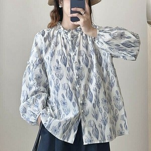 「再入荷」イラストフラワープリント柄コットンシャツ・ブラウス