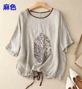 Tシャツ 半袖 刺繍 ラウンドネック 夏 ゆったり 快適 レディース コットンリネン B138#9380#BQQ1402